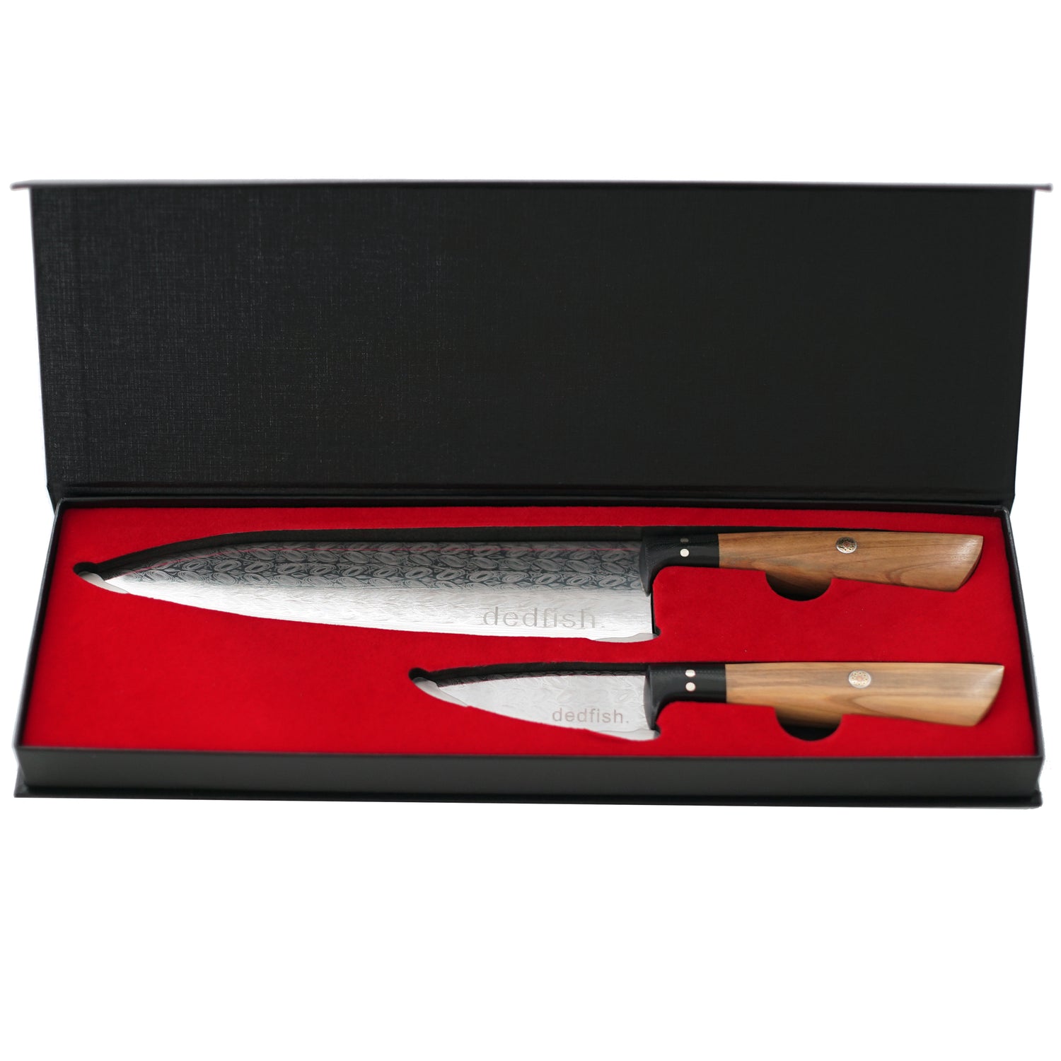 Dedfish Co. Kitchen Knife Set - Laser Etched Stainless Steel with Olive Wood Handles_7_cc