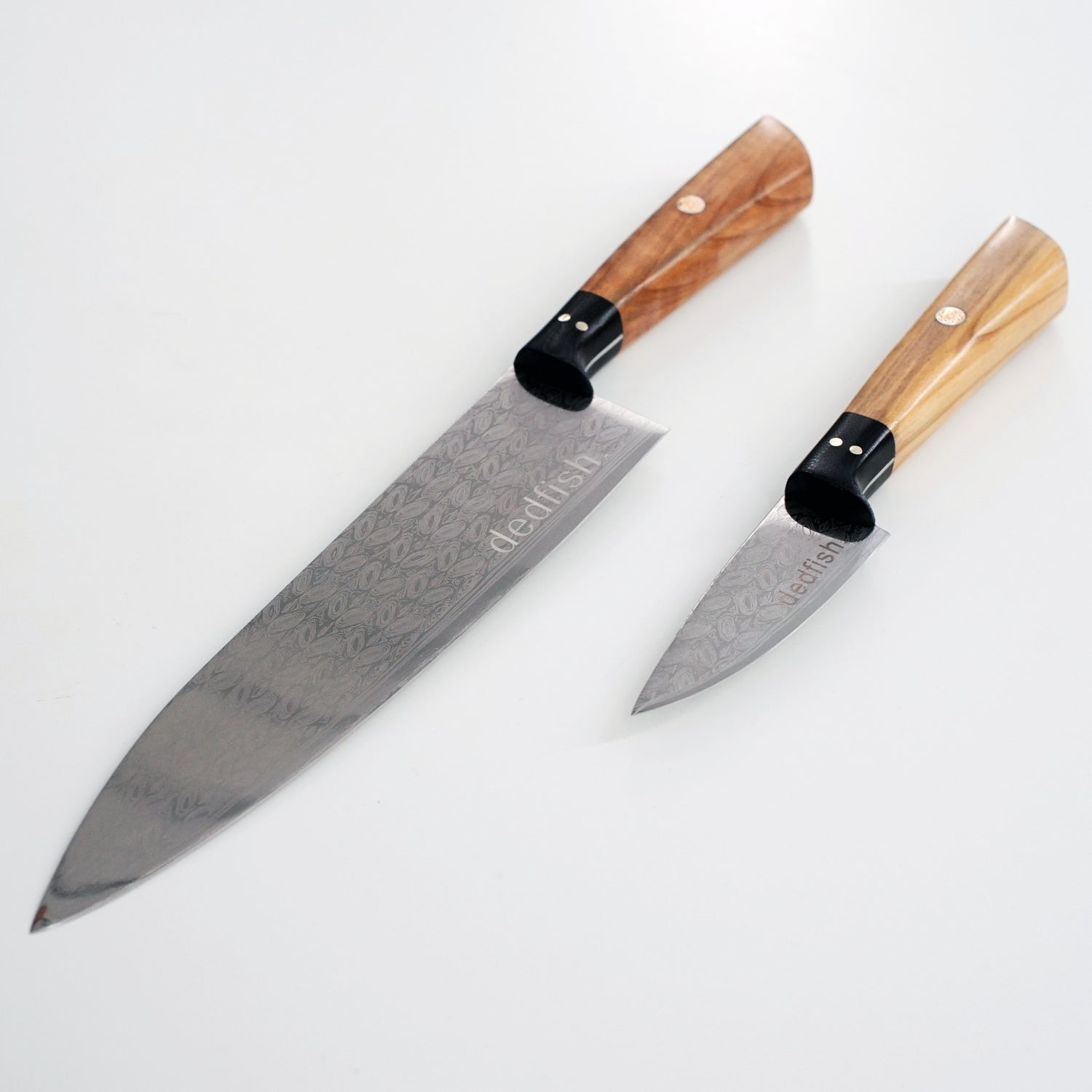 Dedfish Co. Kitchen Knife Set - Laser Etched Stainless Steel with Olive Wood Handles_3_cc